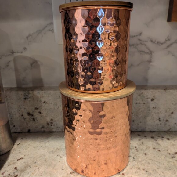 Uncommon James Hammered Copper Containers with Wooden Lids - Picture 2 of 5